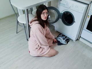 My stepsister didn't get stuck in the washing machine and caught me wanting to fuck her pussy